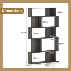 Geometric Bookshelf 5-Tier Bookcase with Open Shelves and Closed-back Cubes-Oak