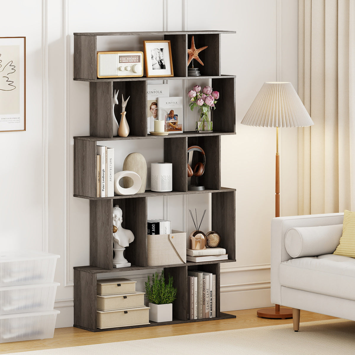 Geometric Bookshelf 5-Tier Bookcase with Open Shelves and Closed-back Cubes-Oak