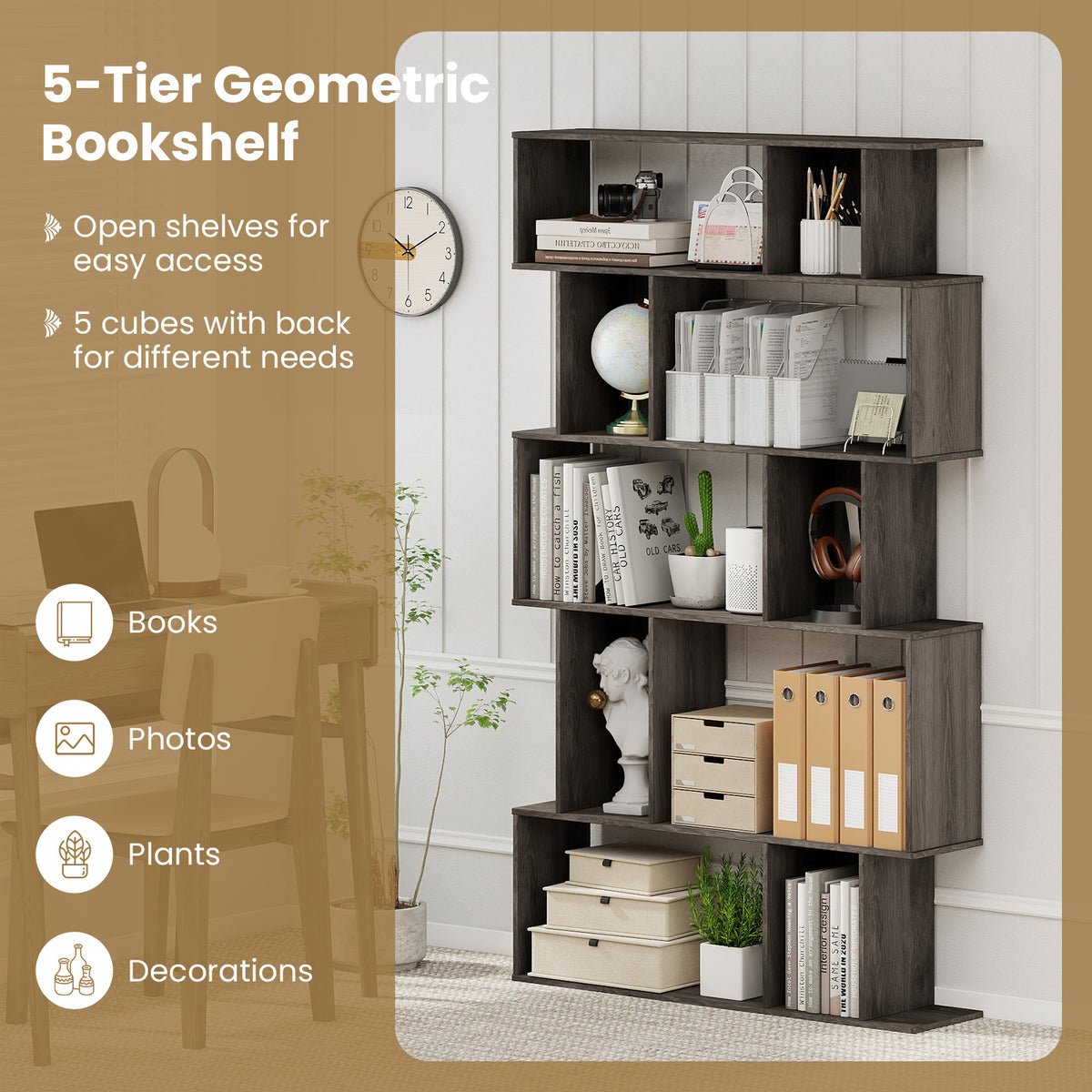Geometric Bookshelf 5-Tier Bookcase with Open Shelves and Closed-back Cubes-Oak