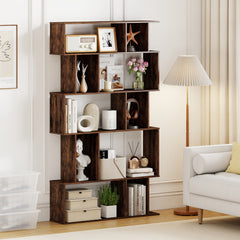Geometric Bookshelf 5-Tier Bookcase with Open Shelves and Closed-back Cubes-Rustic Brown
