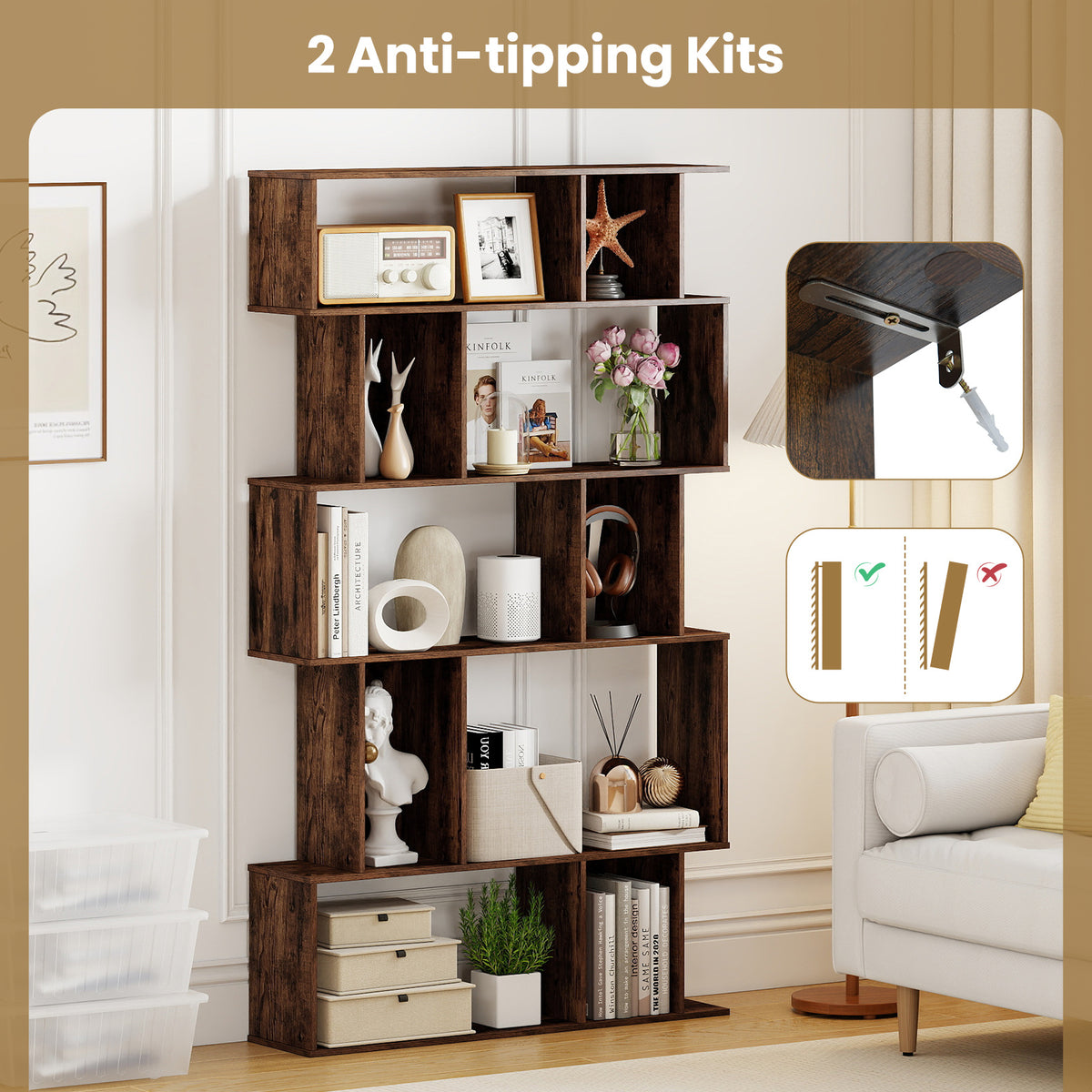 Geometric Bookshelf 5-Tier Bookcase with Open Shelves and Closed-back Cubes-Rustic Brown