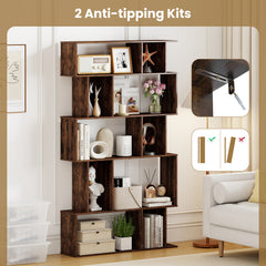 Geometric Bookshelf 5-Tier Bookcase with Open Shelves and Closed-back Cubes-Rustic Brown