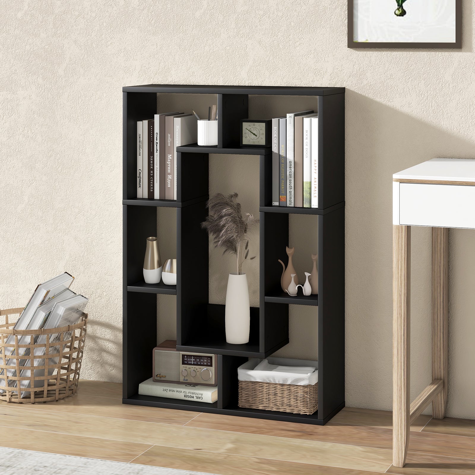 7-Cube Geometric Bookshelf Open Bookcase with Anti-Toppling Device-Black