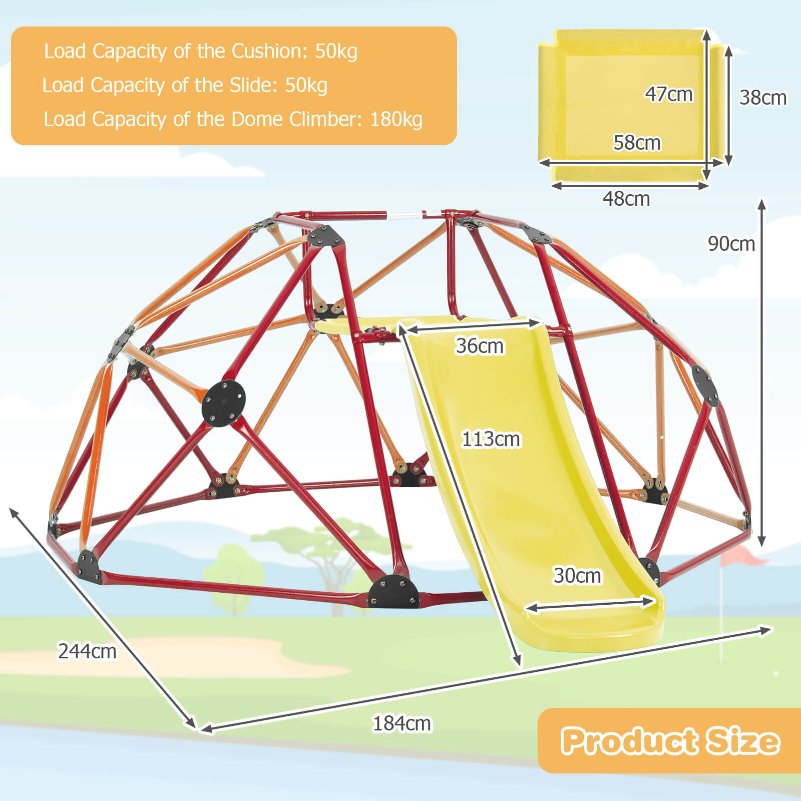 Geometric Dome Climber and Play Set with Slide for Outdoor-Orange