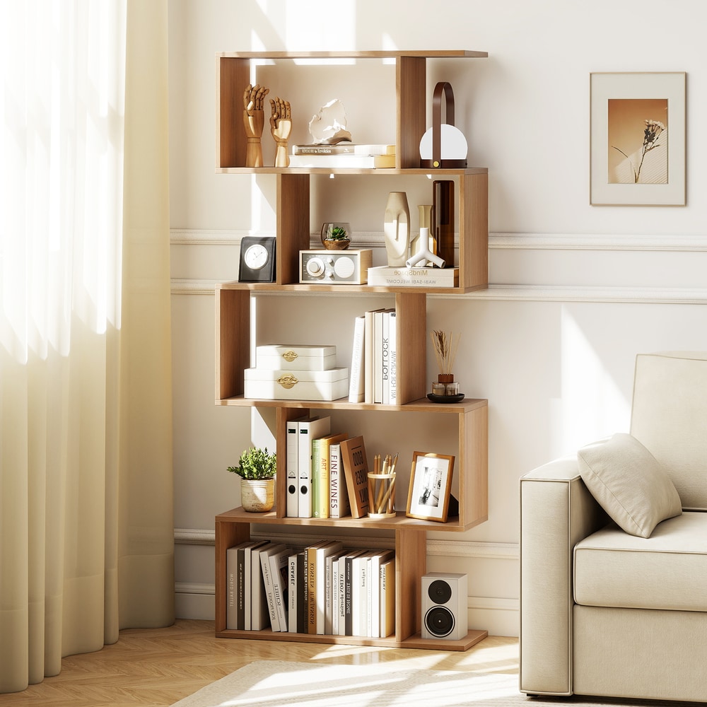 Geometric S-Shaped Bookcase in Natural
