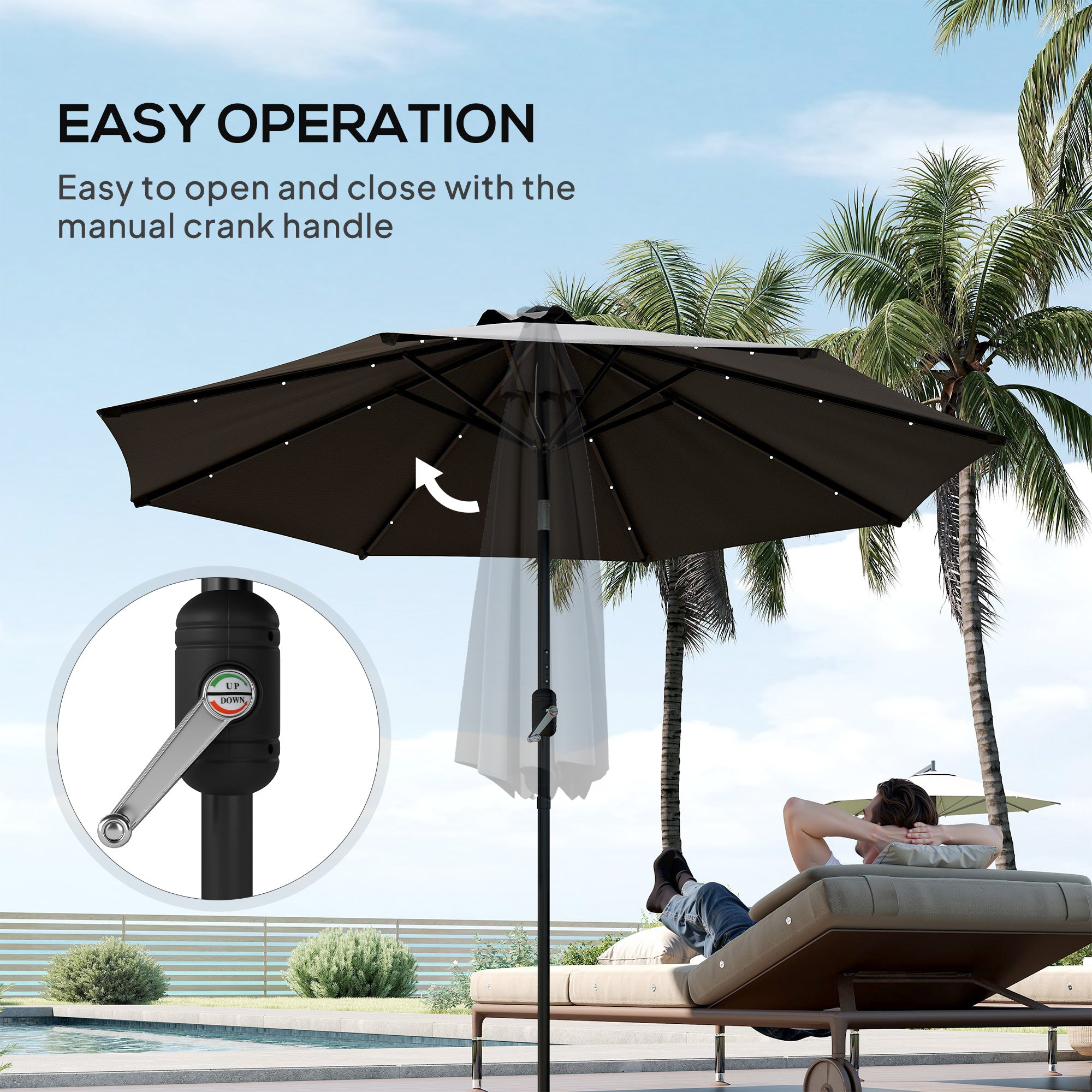 Outsunny 2.7m Garden Parasol Solar Outdoor Tilt Sun Umbrella Patio Sun Shade w/ 24 LED Light, Hand Crank and 8 Ribs, Black