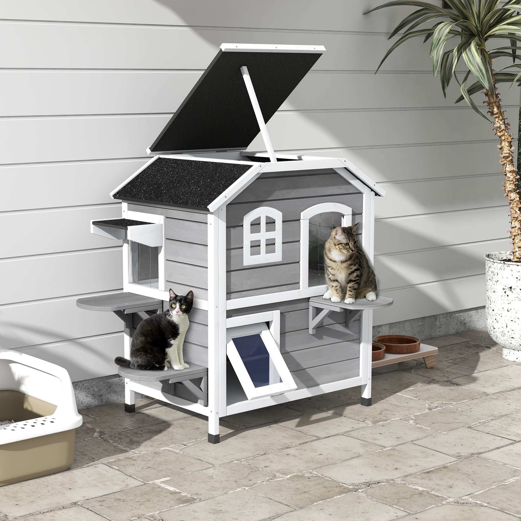 PawHutÂ 2-story Cat House Outdoor, WeatherproofÂ Wooden Cat Enclosure for Feral Cats with Escape Door, Openable Roof, Jumping Platforms, Grey