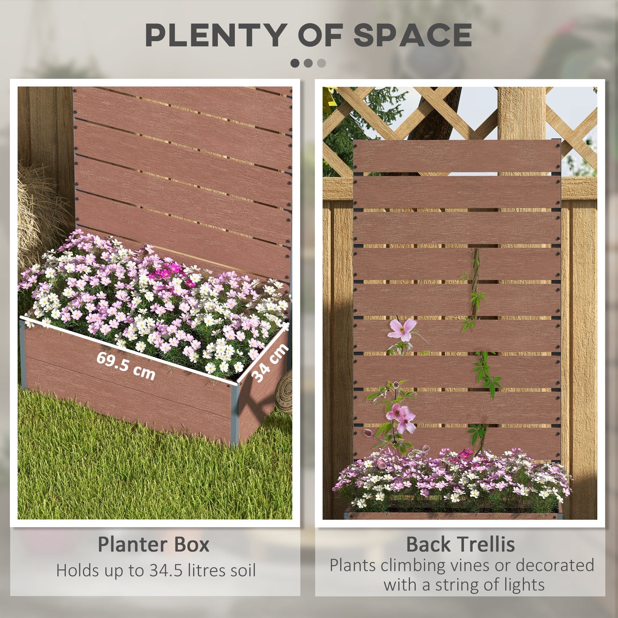 Outsunny 34 x 69.5cm Garden Planter Box, with Back Trellis, Brown
