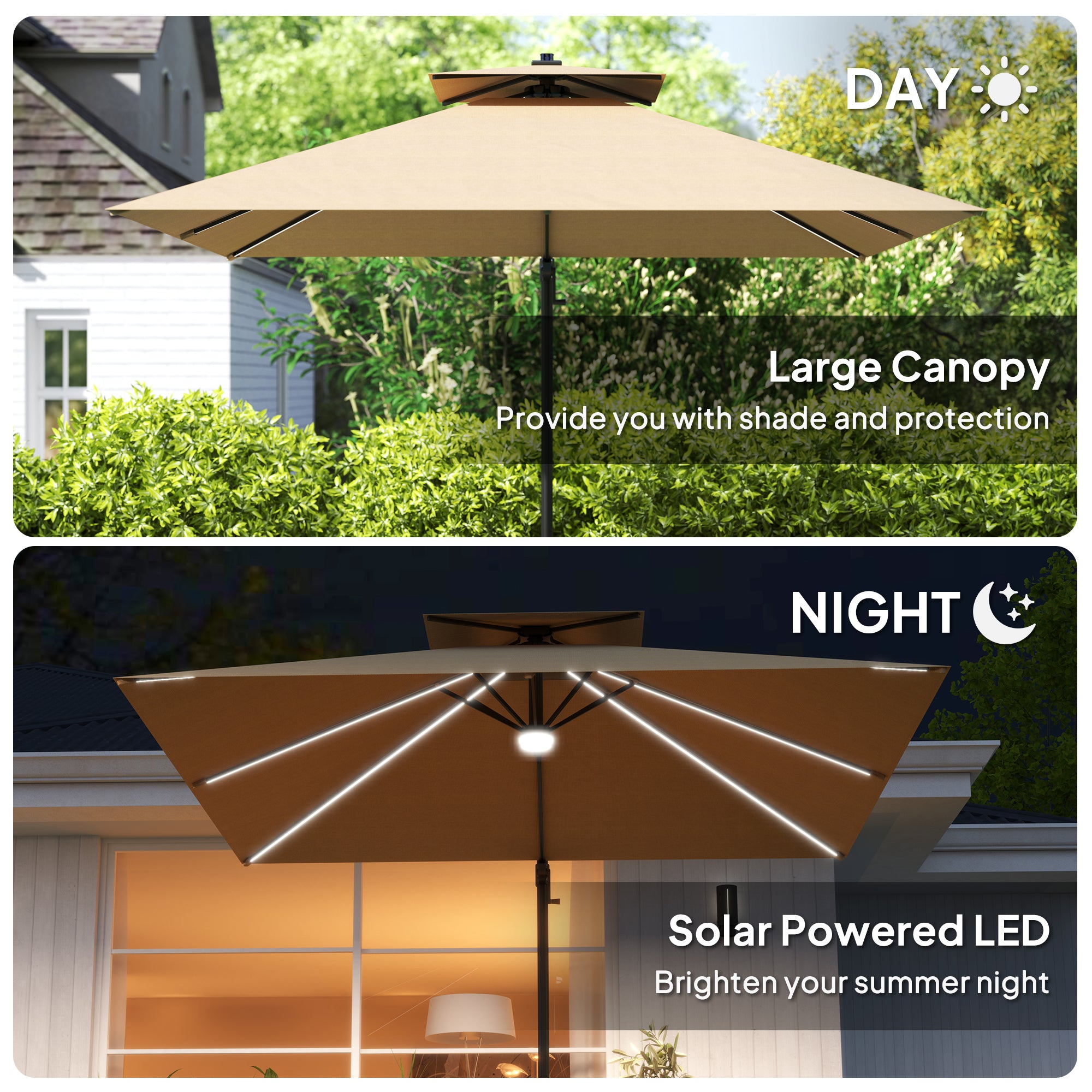 Outsunny 2.5m Cantilever Parasol with Solar Powered LED Lights, 360√Ç¬∞ Rotation, Tilt Adjustment, Crank Handle, Khaki