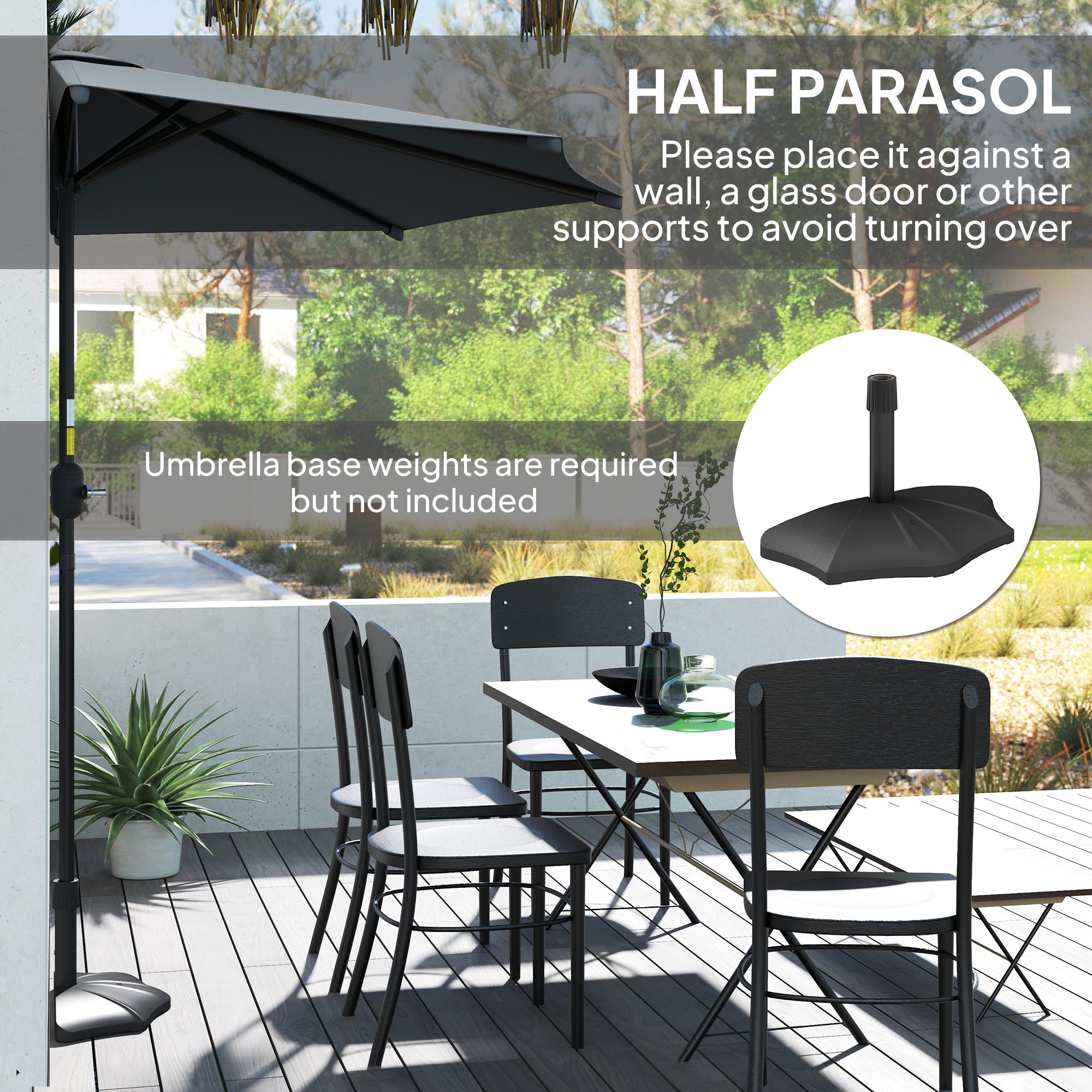 Outsunny 3(m) Half Parasol, Semi Round Umbrella with Metal Frame, Crank Handle for Balcony, Garden, Dark Grey