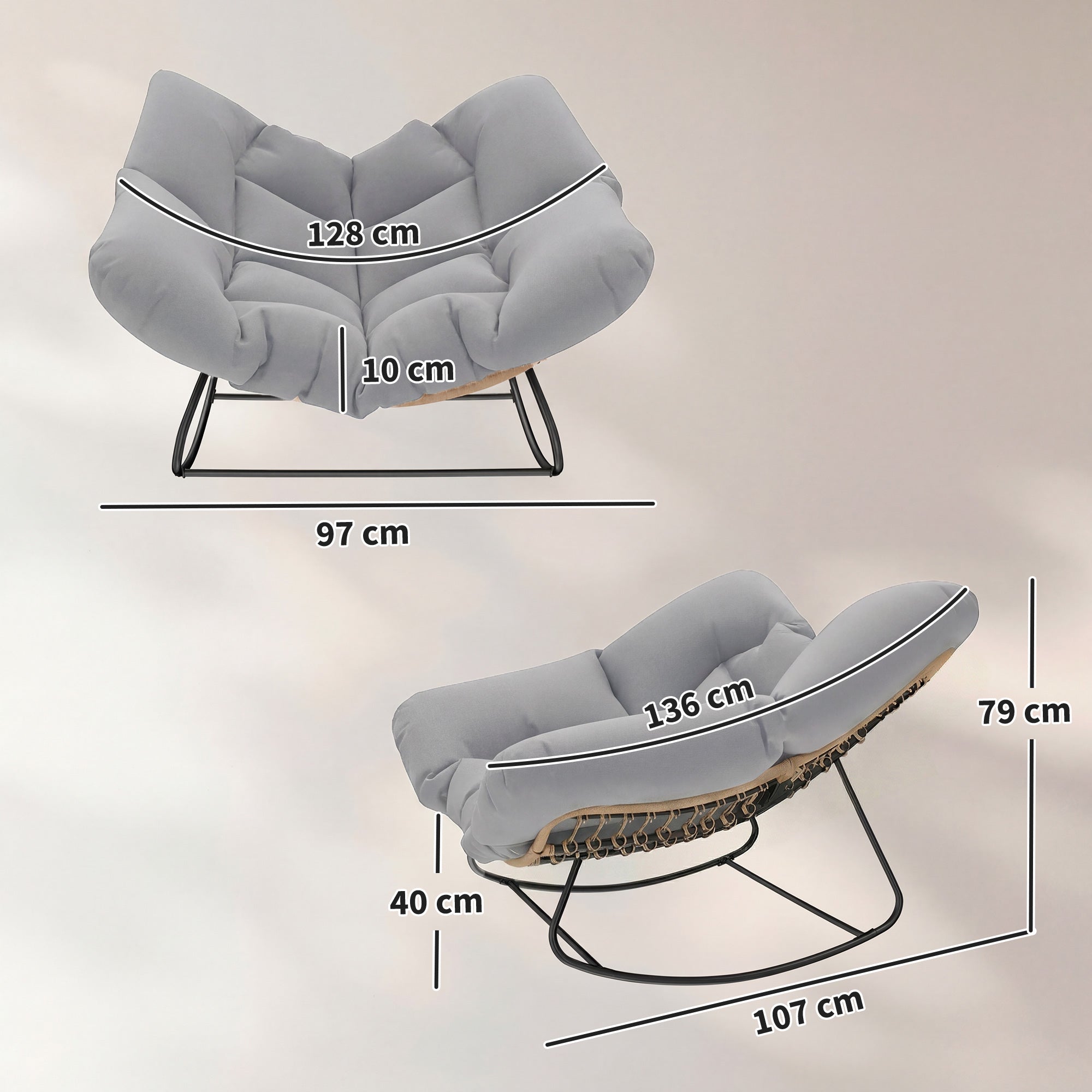 Outsunny Indoor Outdoor Rocking Chair, Oversized Rocking Egg Chair with Cushion for Living Room, Garden, Patio, Light Grey