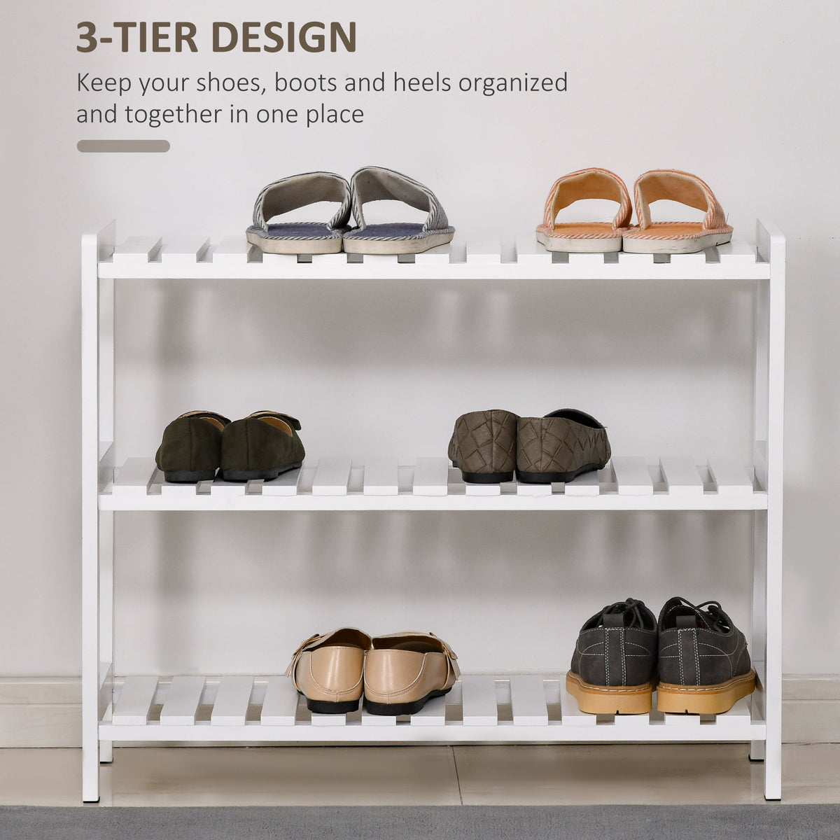 HOMCOM 3-Tier Shoe Rack Wood Frame Slatted Shelves Spacious Open Hygienic Storage Home Hallway Furniture Family Guests 70L x 26W x 57.5H cm - White