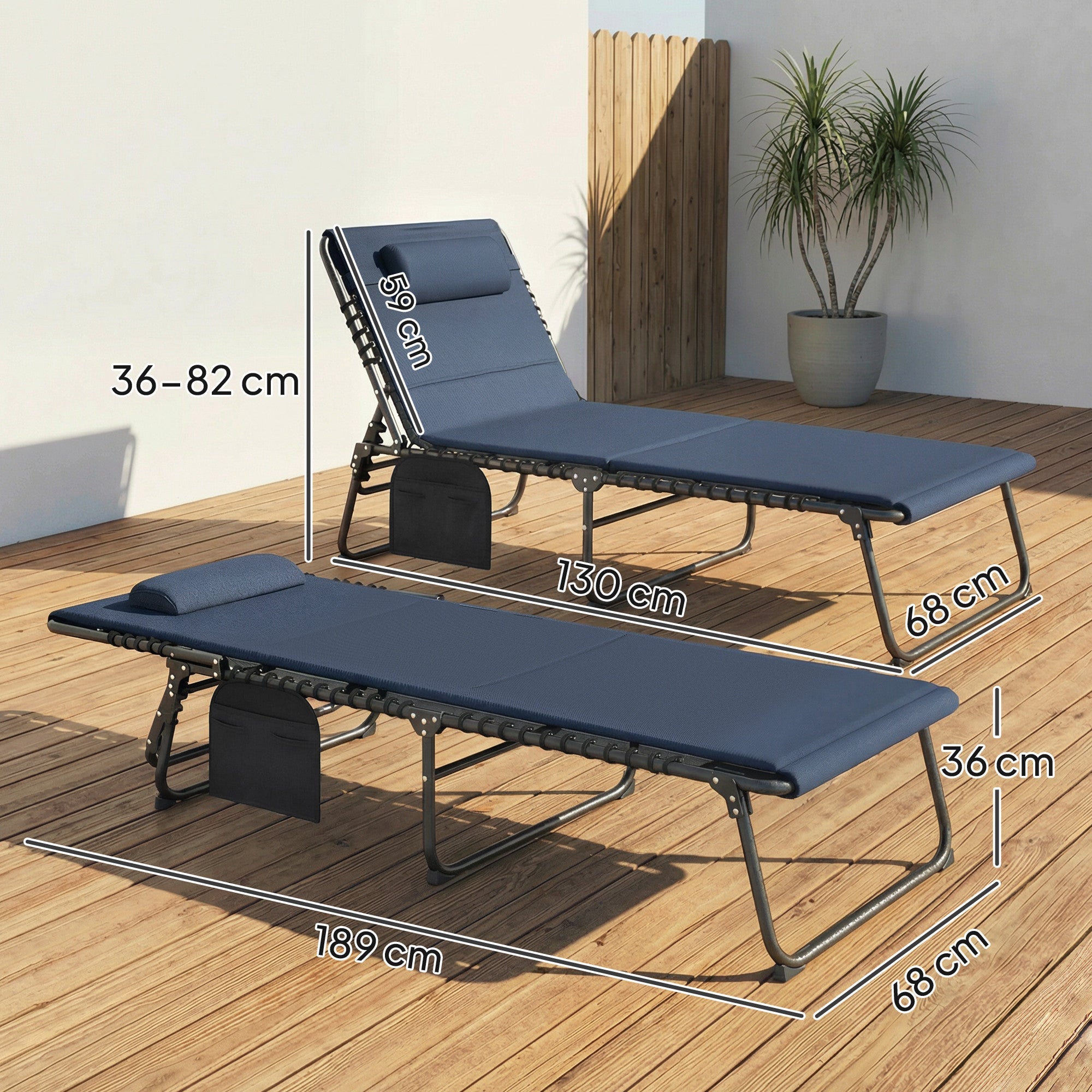 Outsunny Set of Two Reclining Sun Loungers - Dark Blue