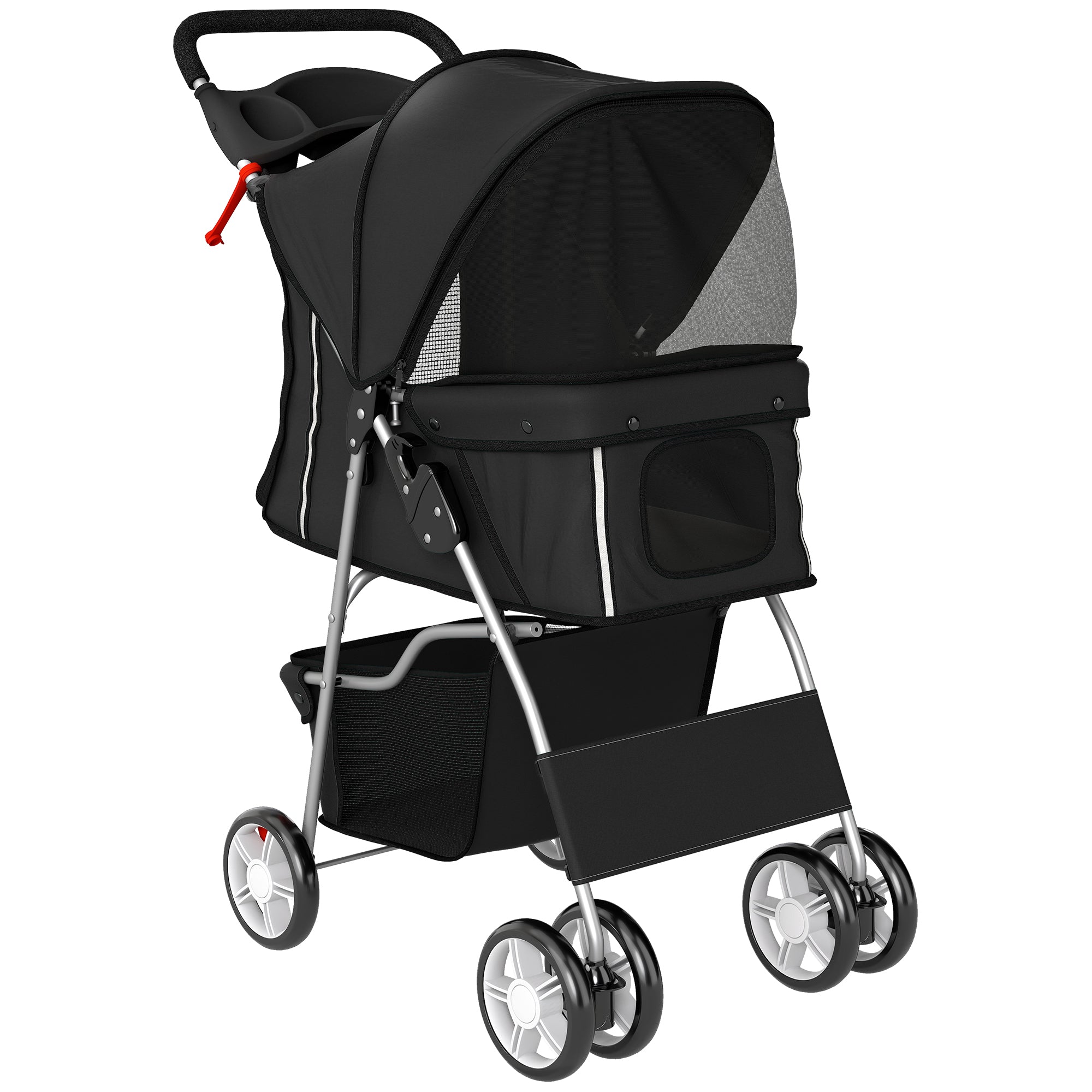 PawHut Dog Pram, Pet Stroller with Reflective Strips, Foldable Cat Stroller with 360Â° Swivel Wheels, Black