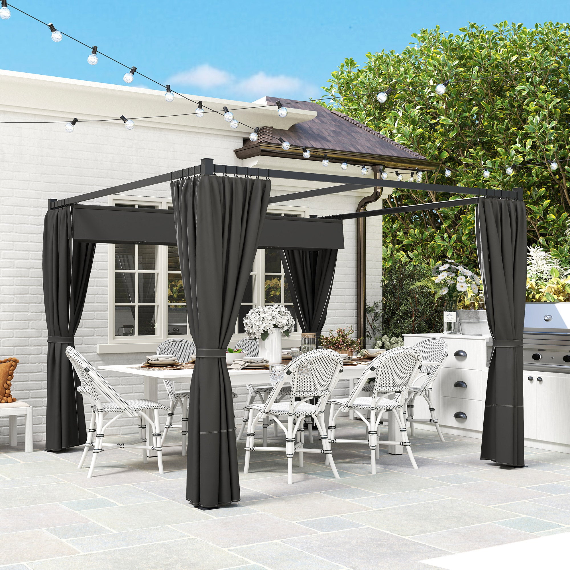 Outsunny 3 x 3(m) Retractable Pergola, Garden Gazebo Shelter with Curtains, for Grill, Patio, Deck, Charcoal Grey