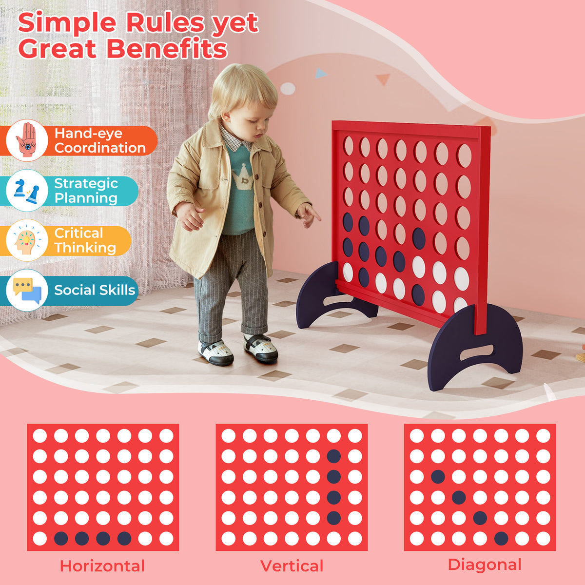 Giant 4-to-Score Game Set with Carrying Bag and 42 Pieces Jumbo Rings-Red