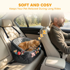 PawHut Dog Car Seat, Detachable Washable Dog Booster Seat with Thick Cushion, Seat Belt, Pockets for Small Under 10kg, Grey