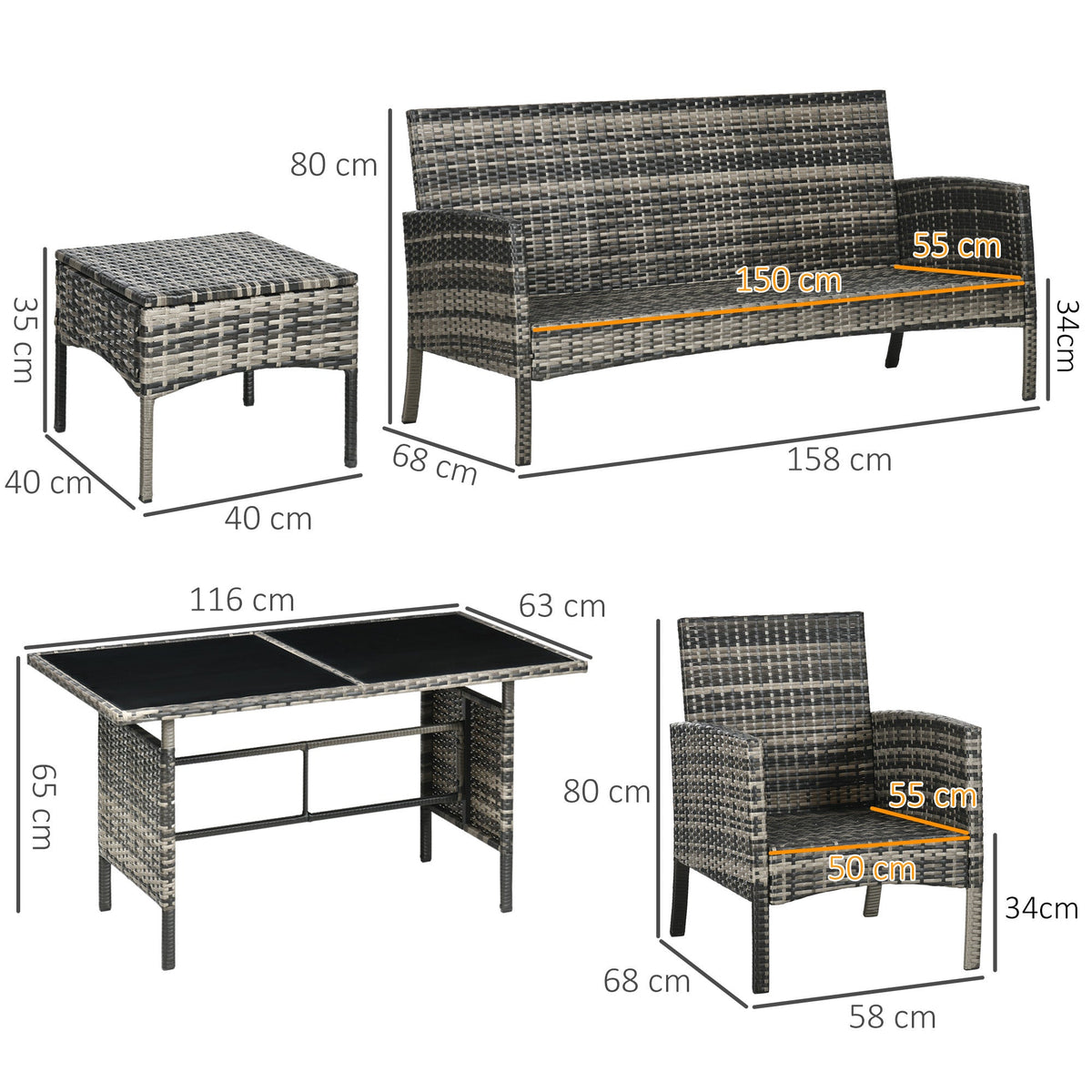 Outsunny 5 Seater Rattan Garden Furniture Set, 2 Armchairs, 3-Seater Wicker Sofa, 2 Footstools and Glass Table, 6 Piece Patio Rattan furniture Sofa Sets with Cushions for Conservatory, Mixed Grey