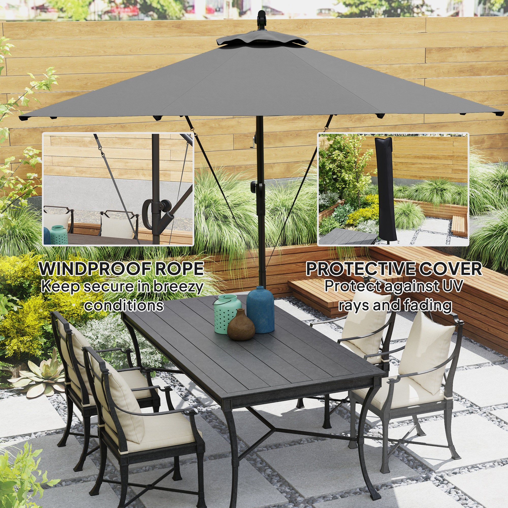 Outsunny 3(m) Garden Cantilever Parasol with Cover and Wind Protection Strap, Round Overhanging Umbrella with Crank Handle and Tilt, Banana Patio Umbrella for Outdoor Sun Shade, UPF50+, Grey