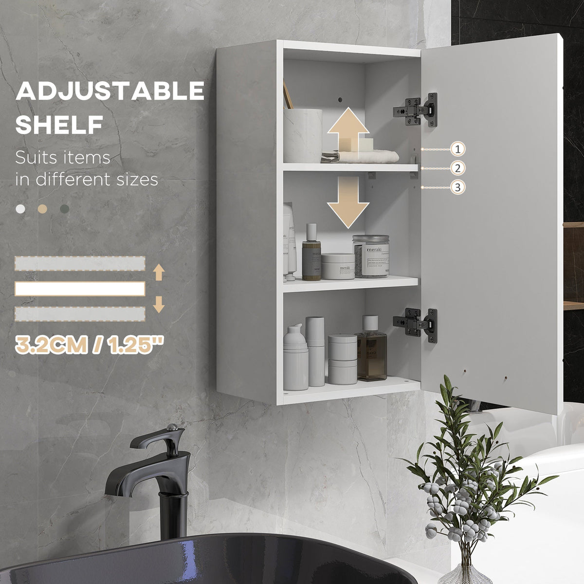 kleankin Bathroom Wall Cabinet, High Gloss Bathroom Storage Cabinet with Soft-Close Door, 3 Shelves, Adjustable Shelf, White