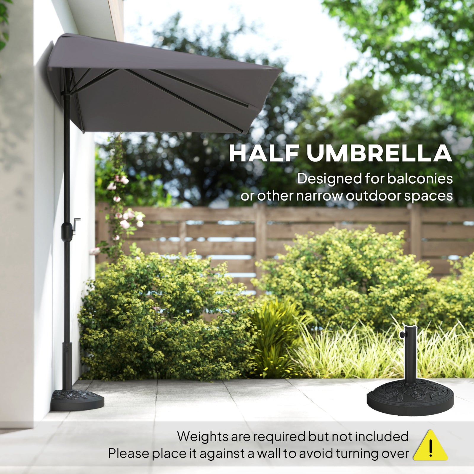 Outsunny Balcony Half Parasol Semi Round Umbrella Patio Crank Handle (2.3 m, Grey)- NO BASE INCLUDED