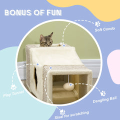 PawHut Cat Tunnel, Plush Large Play Tunnel with Two Caves and Hanging Ball, Cream White