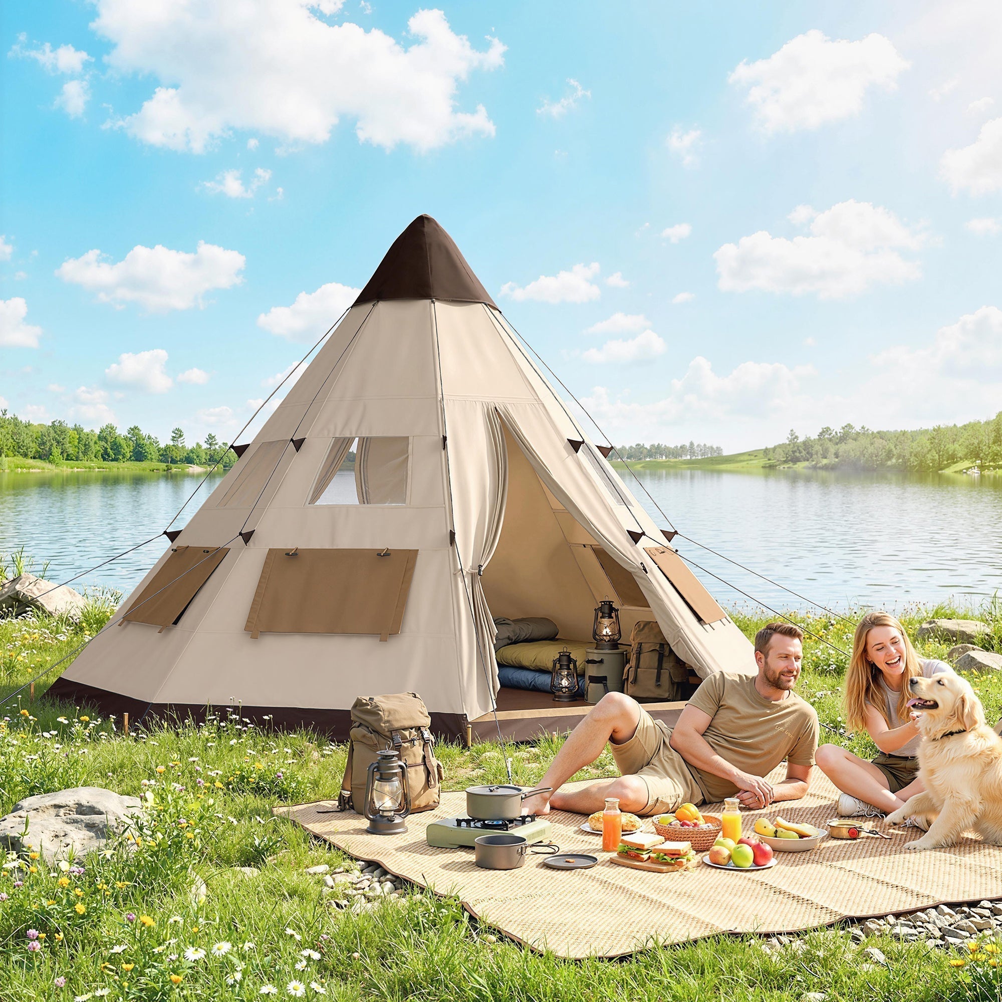 Outsunny 6 Men Tipi Tent with Carry Bag - Khaki