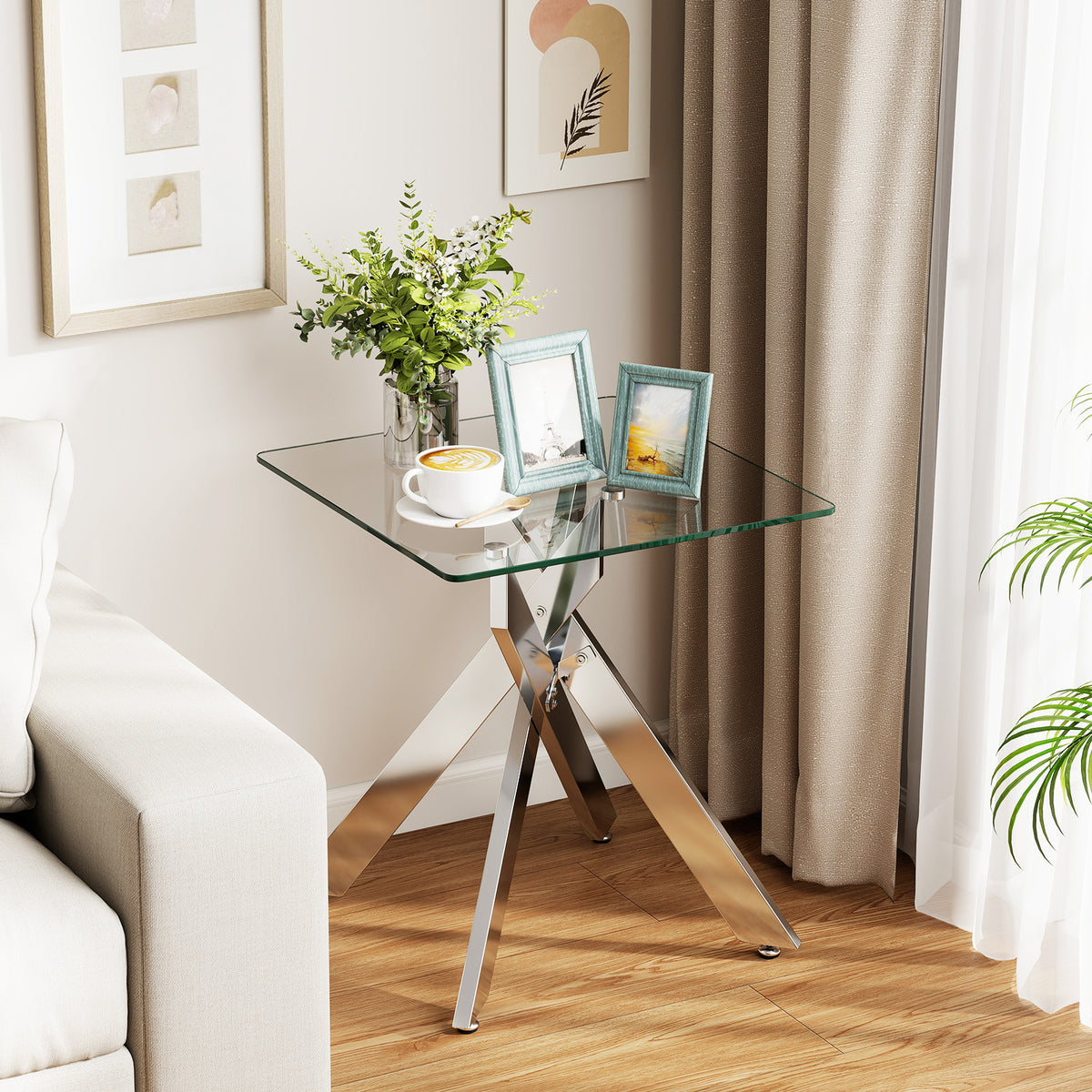 Glass Side Table with Tempered Glass Top and Metal X Base-Silver