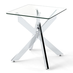 Glass Side Table with Tempered Glass Top and Metal X Base-Silver