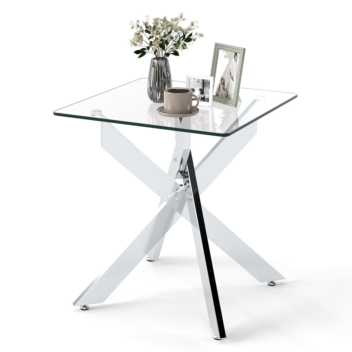 Glass Side Table with Tempered Glass Top and Metal X Base-Silver