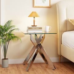 Glass Side Table with Tempered Glass Top and Metal X Base-Silver