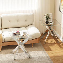 Glass Side Table with Tempered Glass Top and Metal X Base-Silver