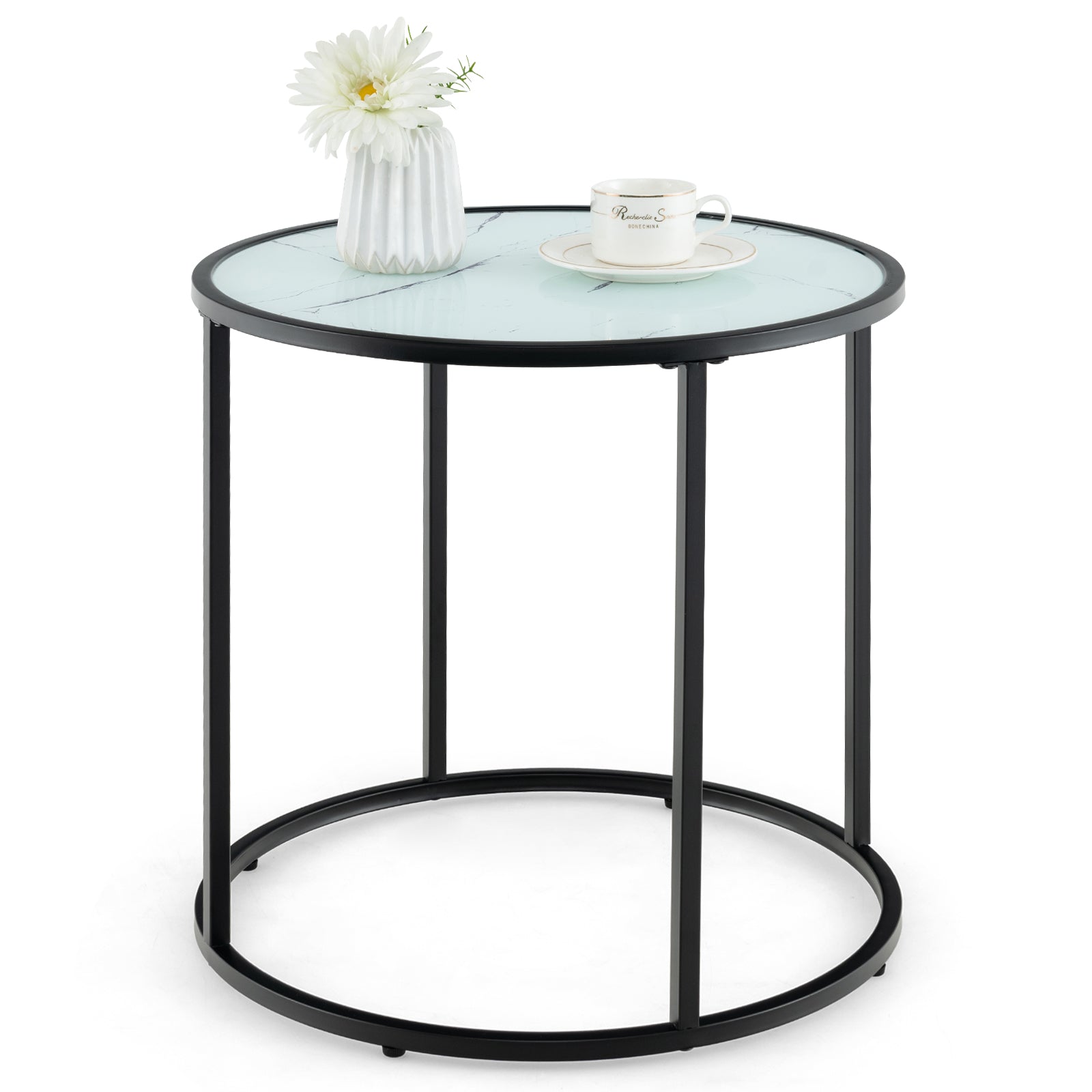 50CM Round Side Table with Metal Frame and Faux Marble Glass Top-White