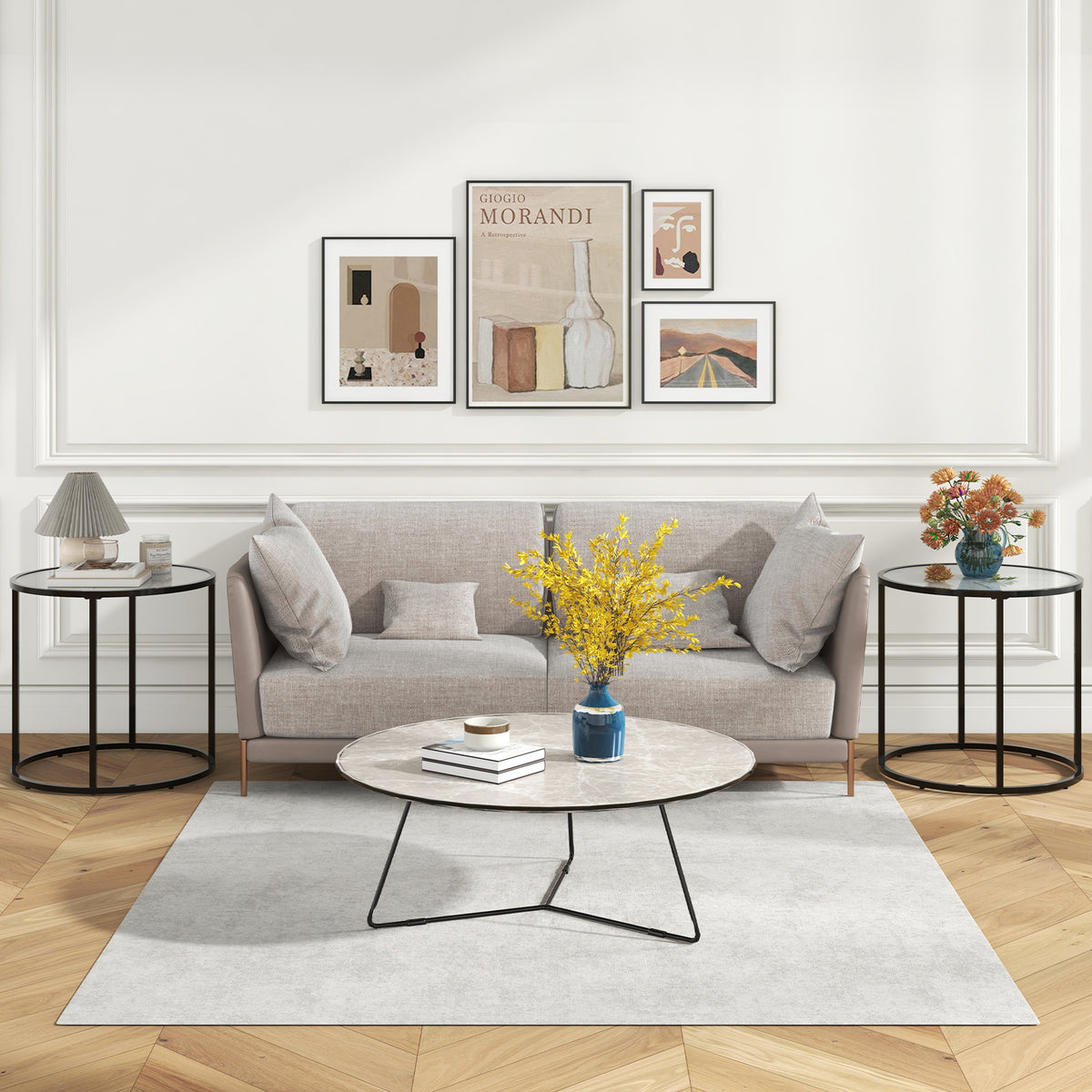 50CM Round Side Table with Metal Frame and Faux Marble Glass Top-White