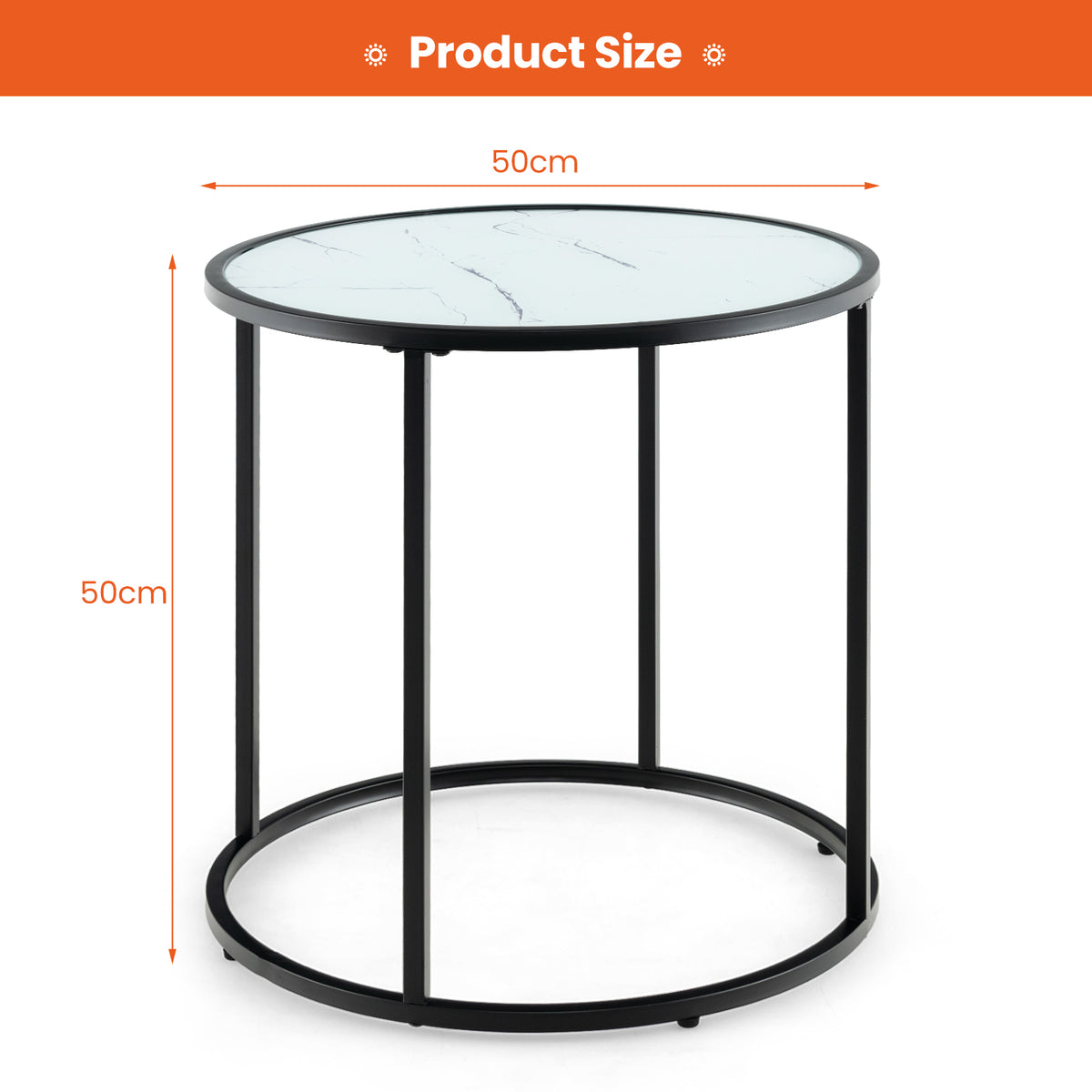 50CM Round Side Table with Metal Frame and Faux Marble Glass Top-White