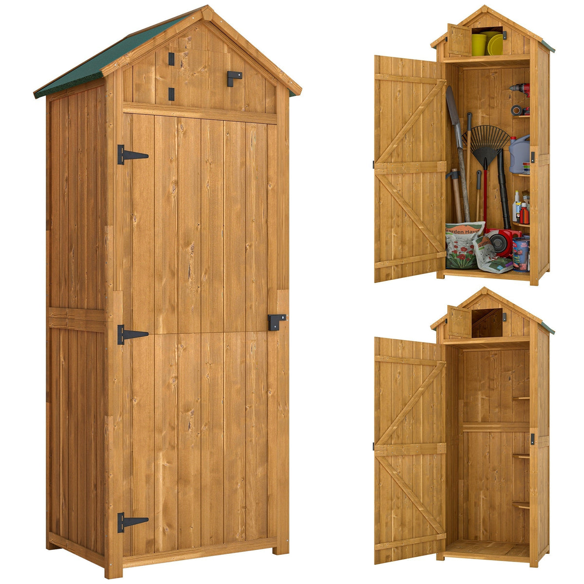 Outsunny Garden Shed Wood Outdoor Garden Tool Storage Unit with 3 Detachable Shelves, 77 x 54.2 x 179cm, Brown