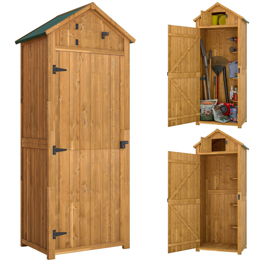 Outsunny Garden Shed Wood Outdoor Garden Tool Storage Unit with 3 Detachable Shelves, 77 x 54.2 x 179cm, Brown