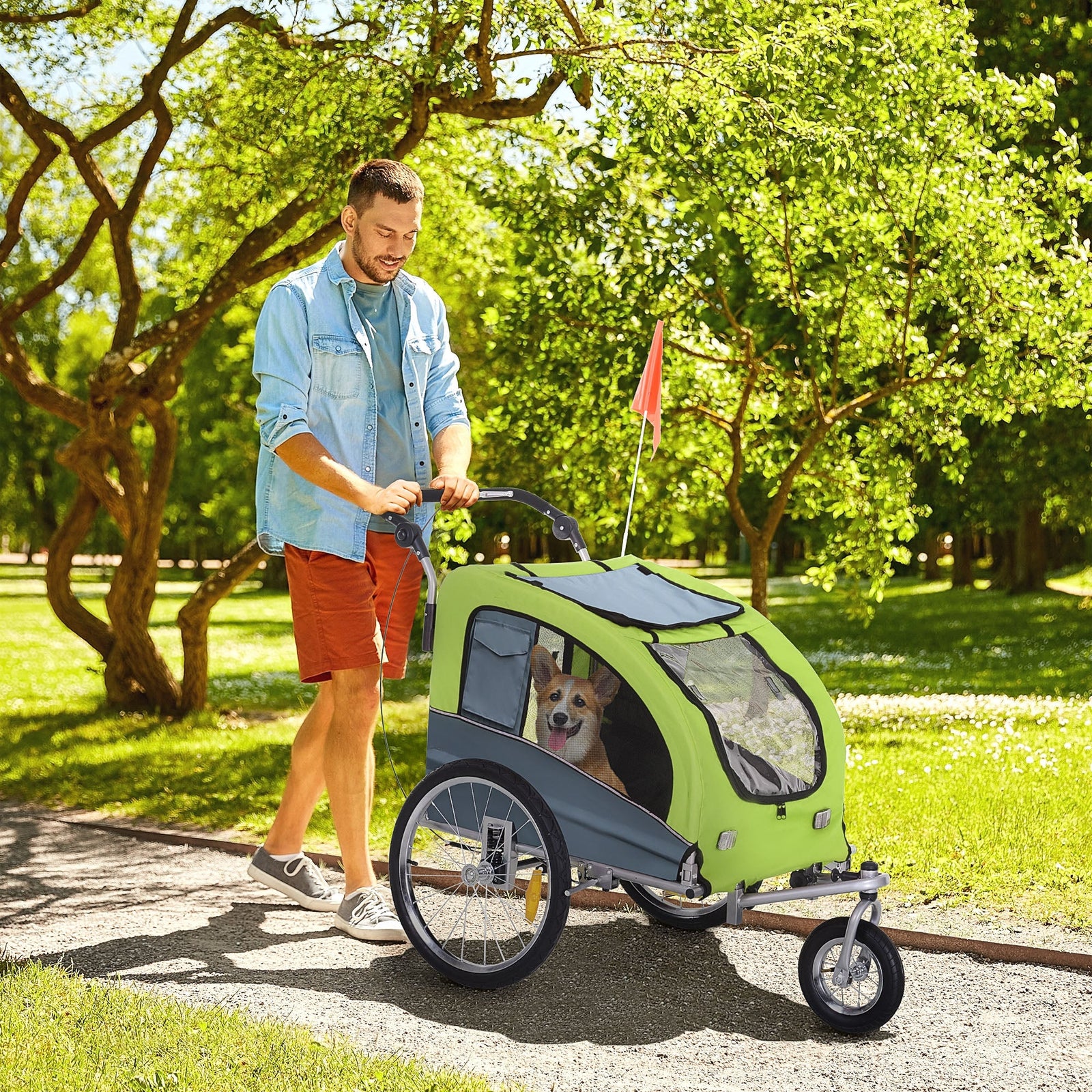 PawHut Dog Bike Trailer Pet Stroller Cart Carrier for Bicycle 360° Rotatable with Reflectors 3 Wheels Hitch Coupler Push/ Pull/ Brake Water Resistant Green