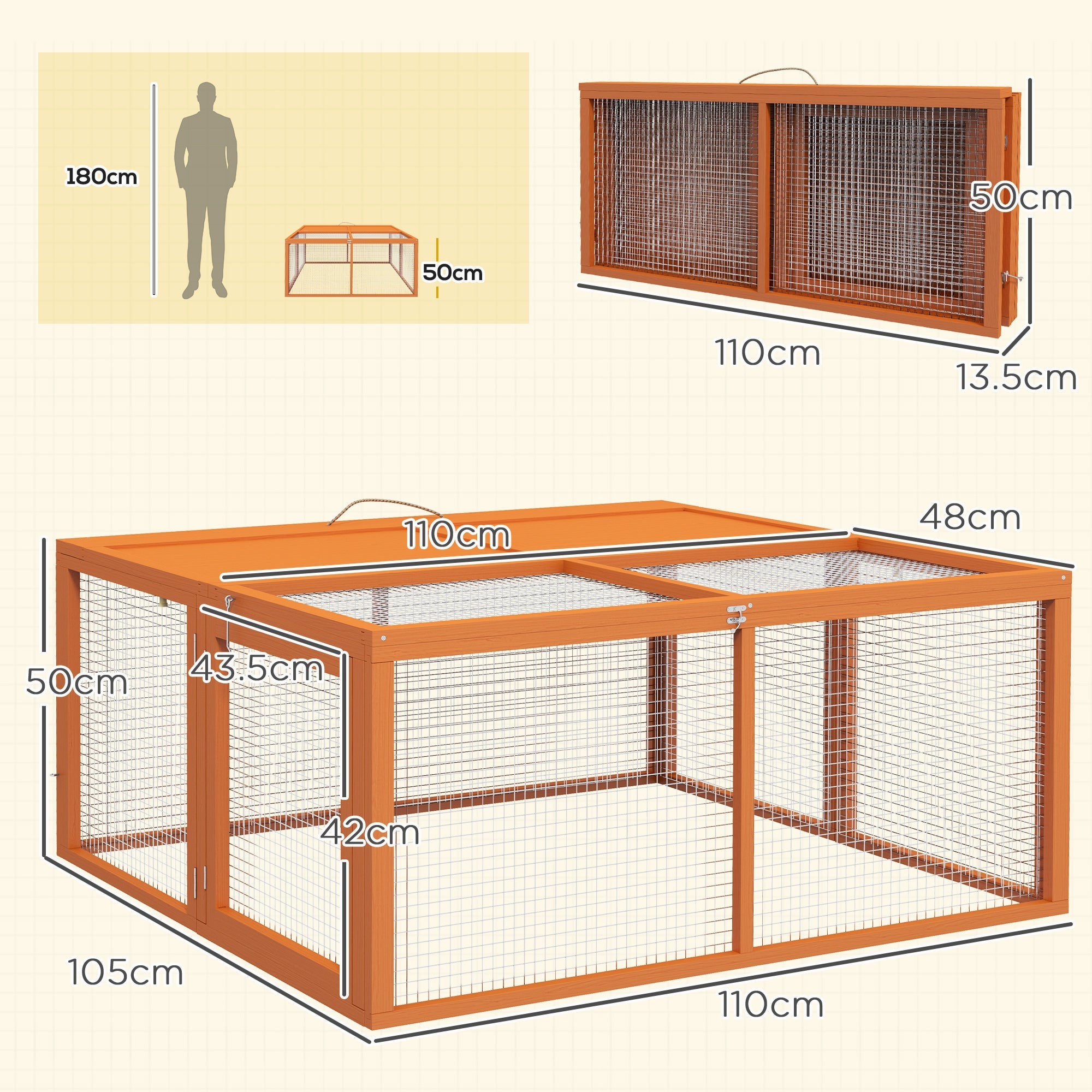 PawHut Wooden Folding Rabbit Hutch, for 2-3 Rabbits - Orange