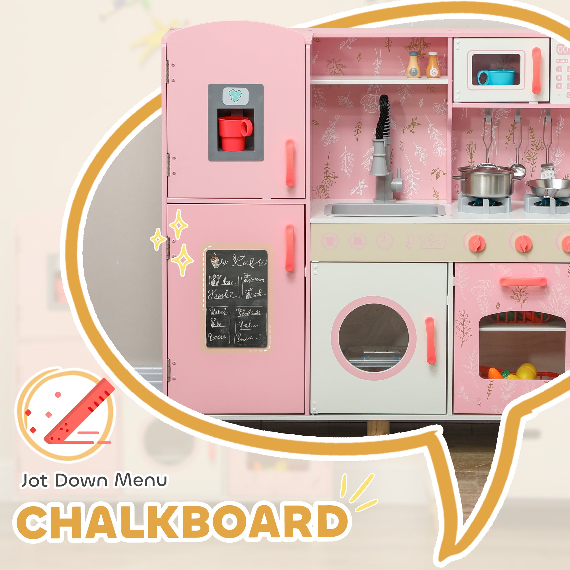 AIYAPLAY Play Kitchen, Kids Kitchen Set with Lights and Sounds, Double Stoves, Ice Maker, Chalkboard for 3+ Years, Pink