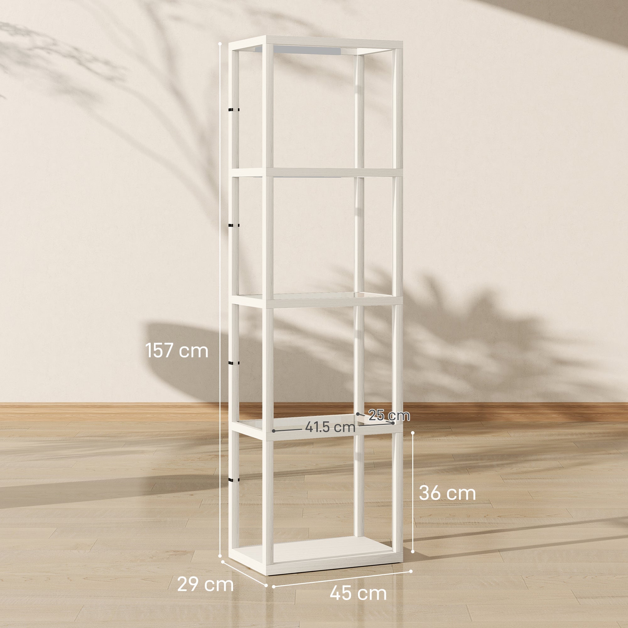HOMCOM LED Floor Lamp with Glass Shelves, 4 Layers Dimmable Tall Standing Lamp, Modern Column Shelf Floor Light for Living Room, Bedroom, Office, Oak