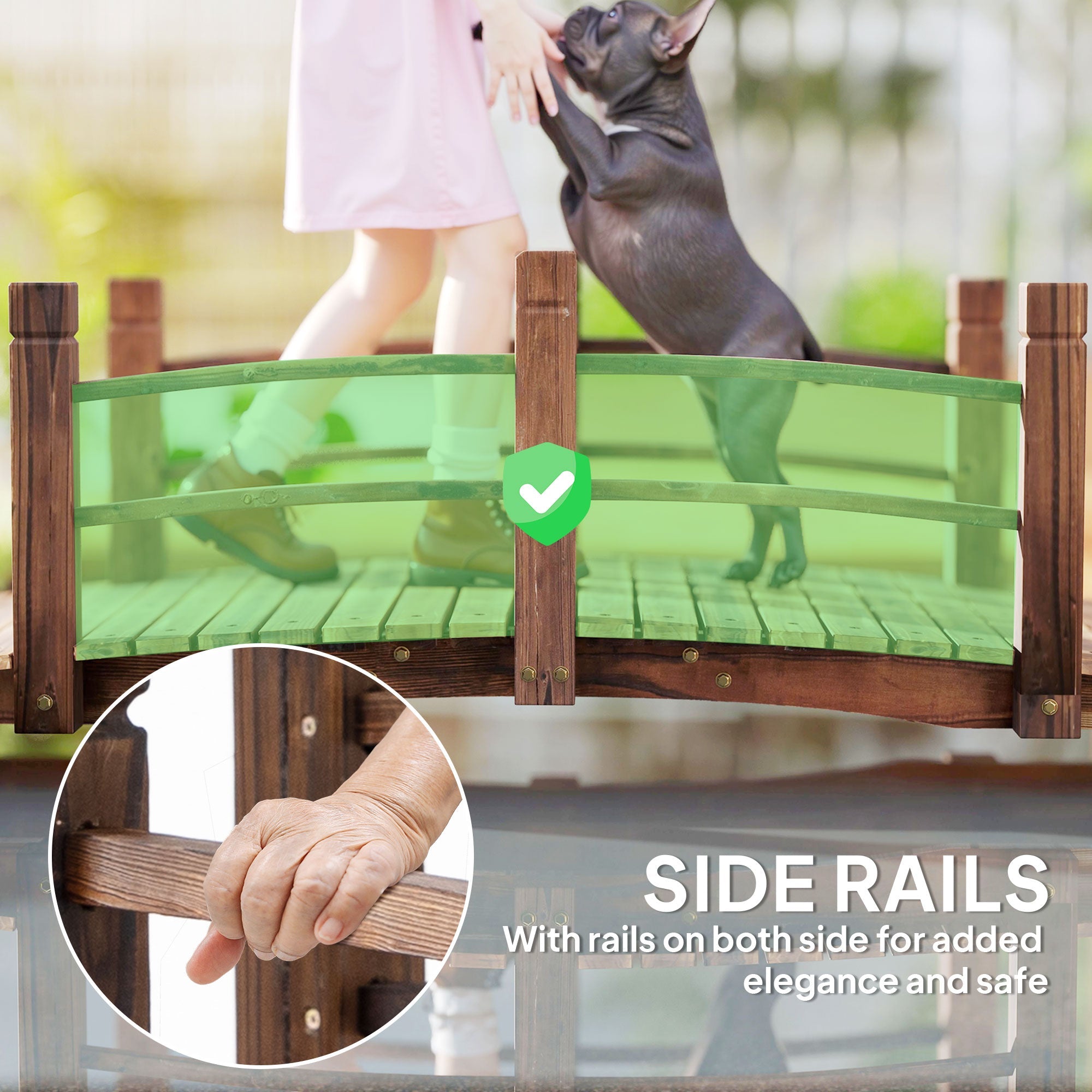 Outsunny 1.5M Wooden Garden Bridge Lawn DÃ©cor Stained Finish Arc Outdoor Pond Walkway w/ Railings Water Yard Decoration