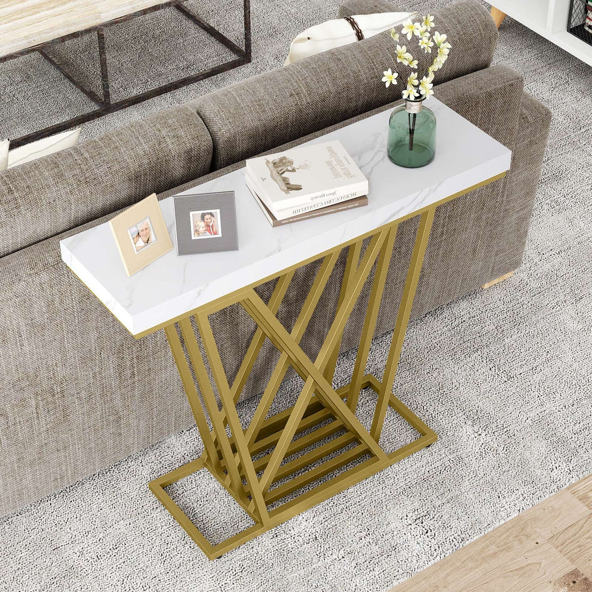 Gold Console Table Modern Sofa Table with Faux Marble Rectangular Tabletop-White
