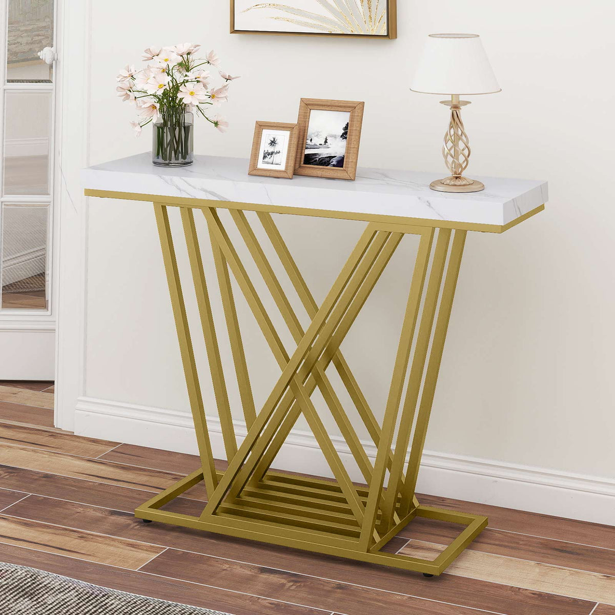 Gold Console Table Modern Sofa Table with Faux Marble Rectangular Tabletop-White