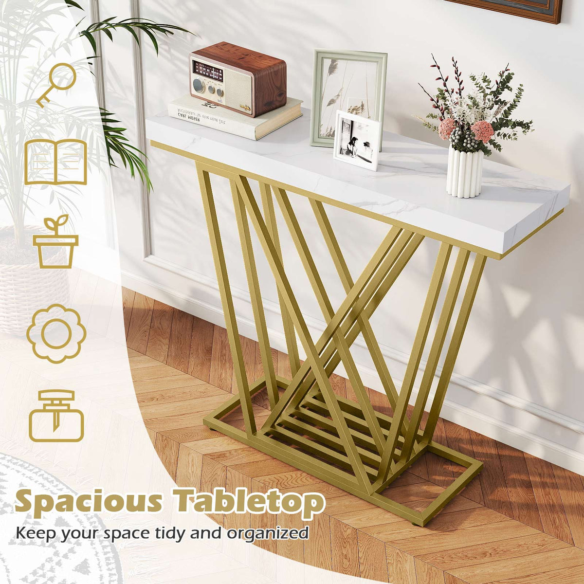 Gold Console Table Modern Sofa Table with Faux Marble Rectangular Tabletop-White