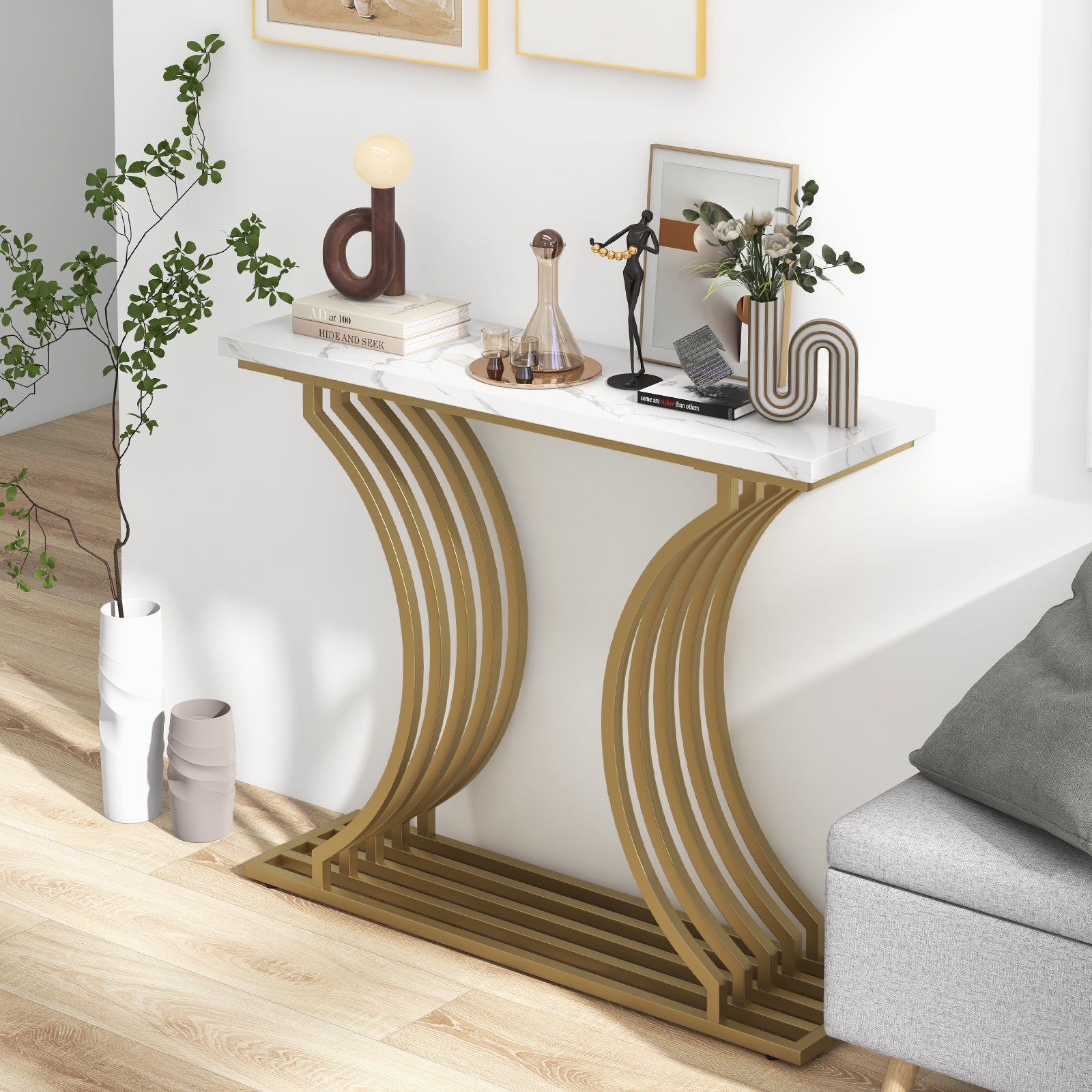 Gold Entryway Table with White Faux Marble Tabletop-White