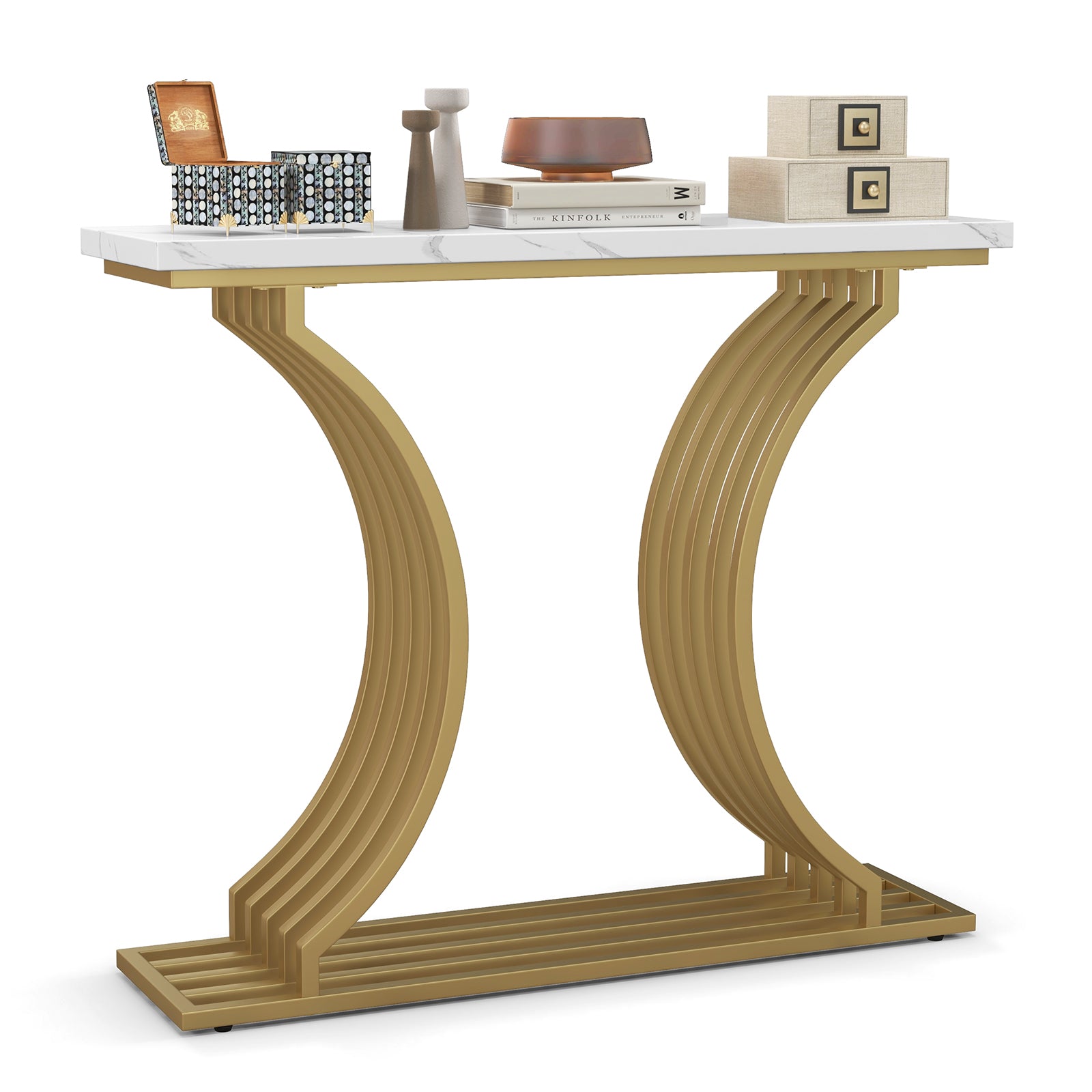 Gold Entryway Table with White Faux Marble Tabletop-White