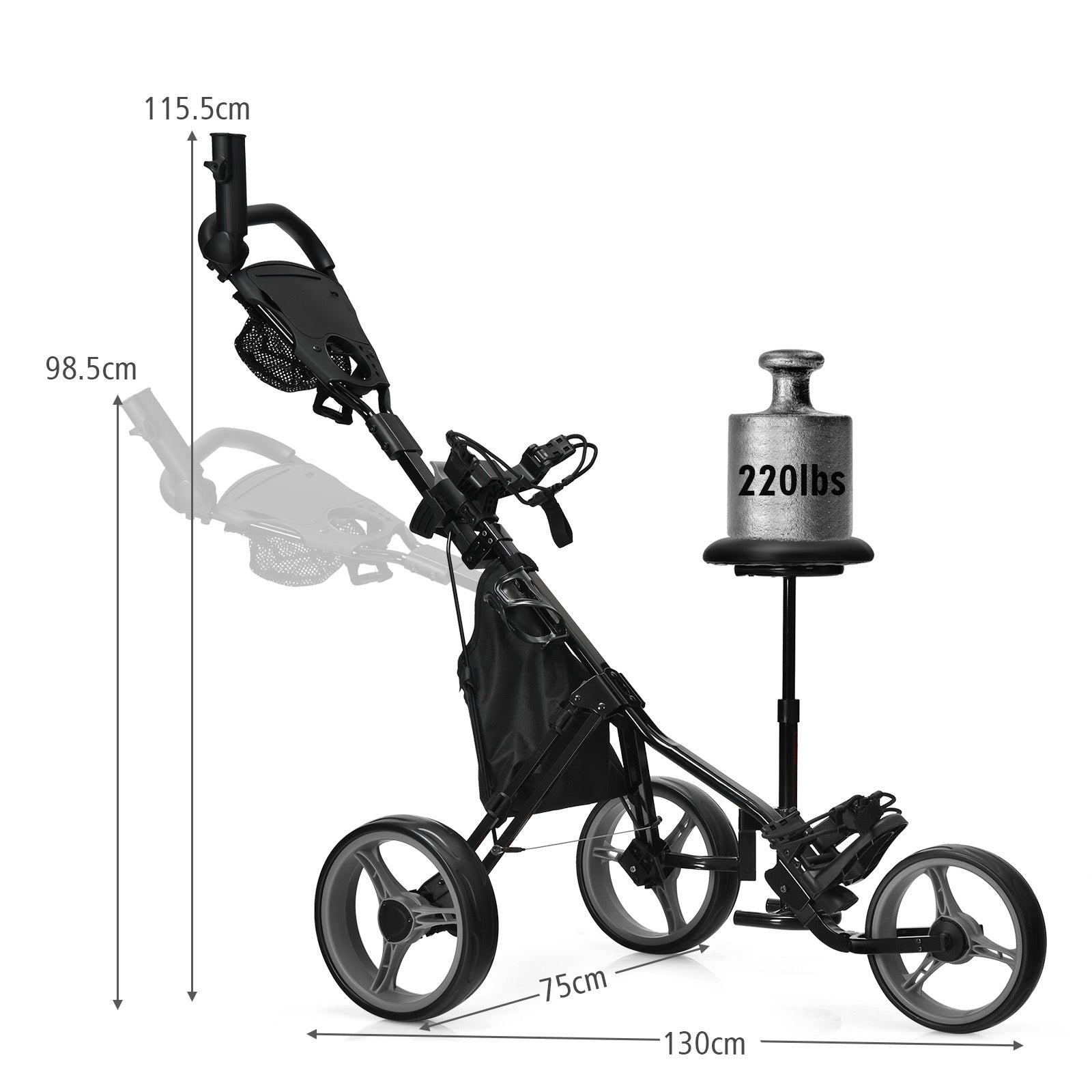 Golf Push Pull Cart with Storage Bag and Foot Brake-Grey