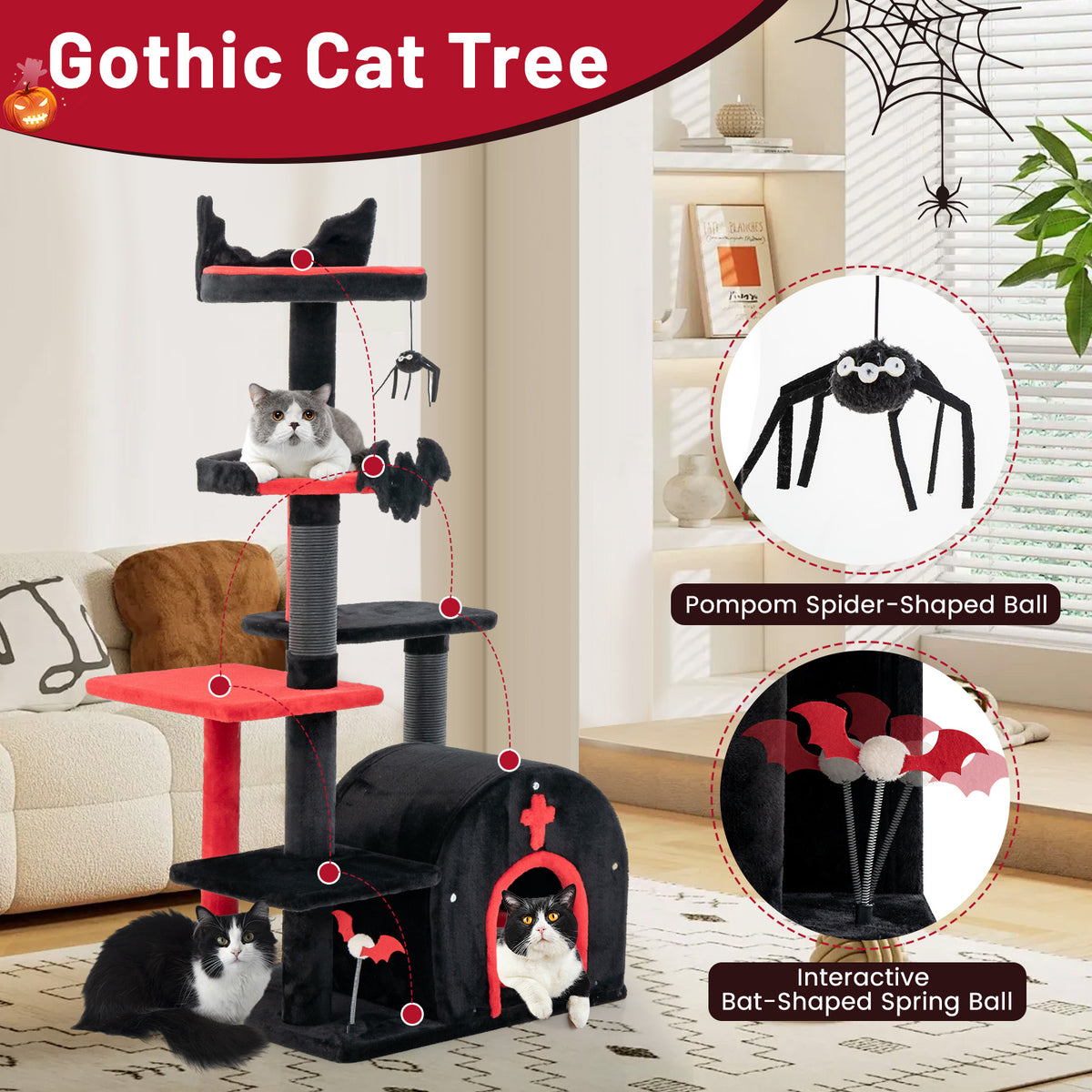 Gothic Cat Tree 134cm Tall Cat Tower with Cat Bed for Indoor Kitten and Adult Cat-Black