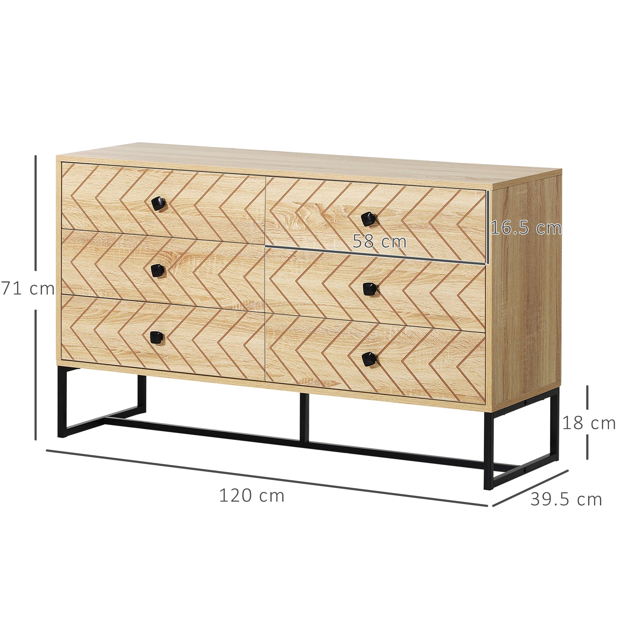 HOMCOM Bedroom Chest of Drawers, 6 Drawer Dresser, Sideboard Cabinet with Zigzag Design and Metal Base, Storage Drawer Unit, 120x71cm, Natural